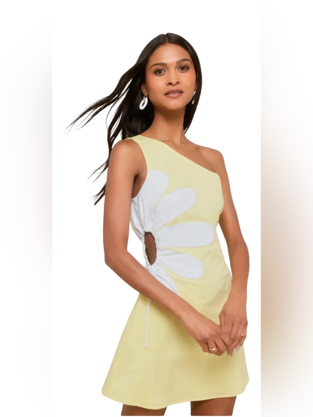 Lulus Sunny Design Yellow Cutout Flower One-Shoulder Mini Dress  – NWT